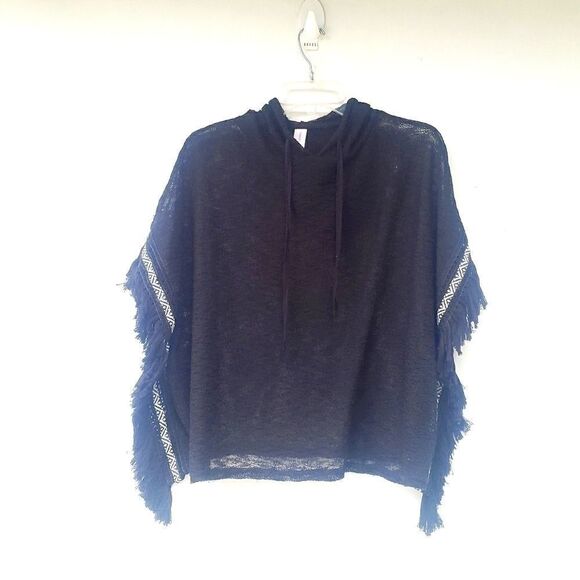 Women's Boho Black Fringe Poncho Jacket M - Picture 1 of 6
